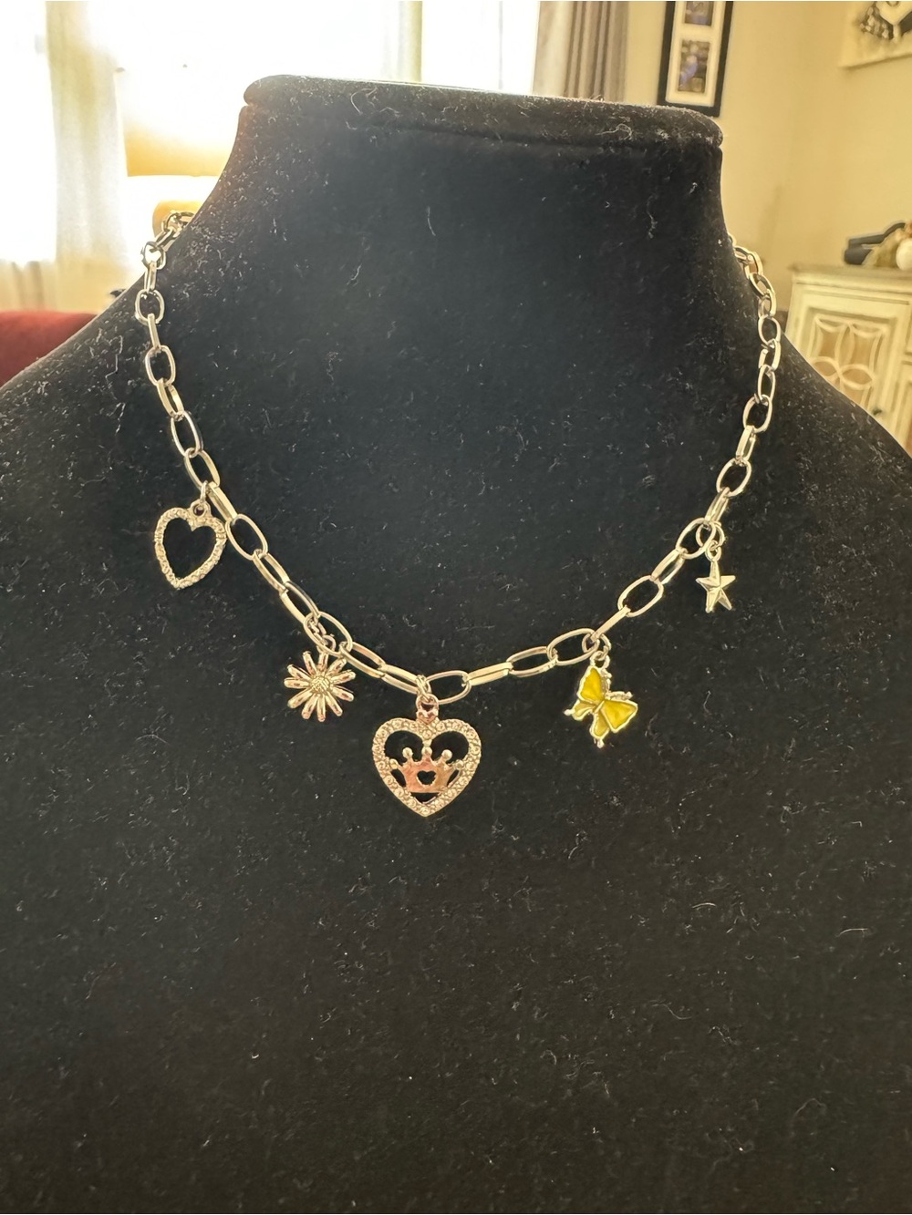 Blossom Silver Charm Link Necklace with Heart, Daisy and Yellow Butterfly Charms